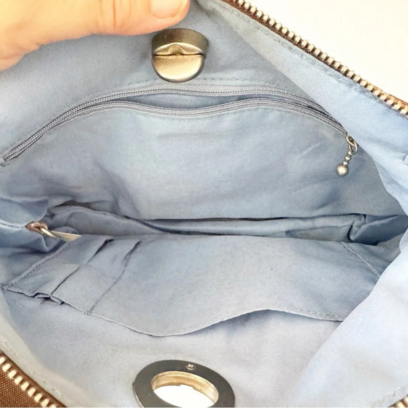 Baggalini Taupe‎ Travel Bag Crossbody Geo Print Pockets Organizing Turnlock RFID - Picture 4 of 12